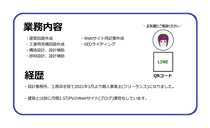 個人事業主の名刺裏面デザイン例2 - 業務内容と経歴、LINEのQRコード付き、イラストあり