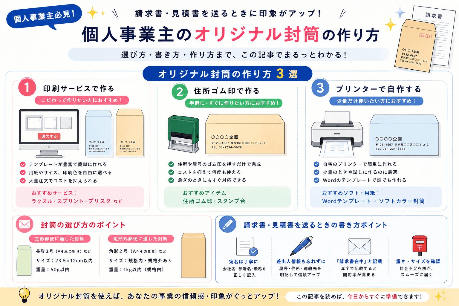 個人事業主向けオリジナル封筒の作り方3選と選び方・書き方