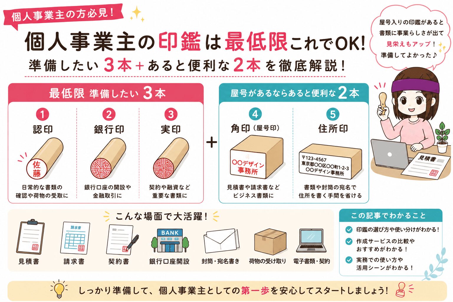 個人事業主の印鑑は最低限3本と屋号がある場合に便利な2本をわかりやすく解説したイラスト